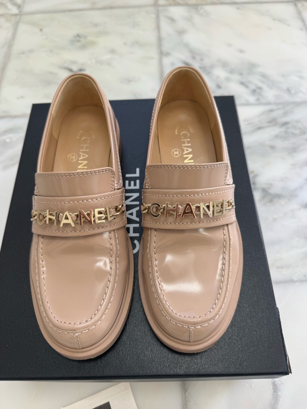 Authentic Chanel Moccasins Loafers Light Brown 37.5